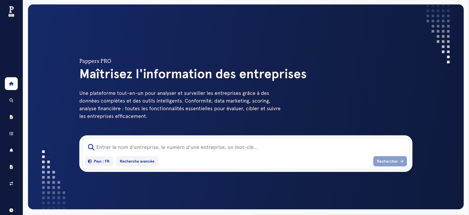 Aperçu de l'interface Pappers Pro